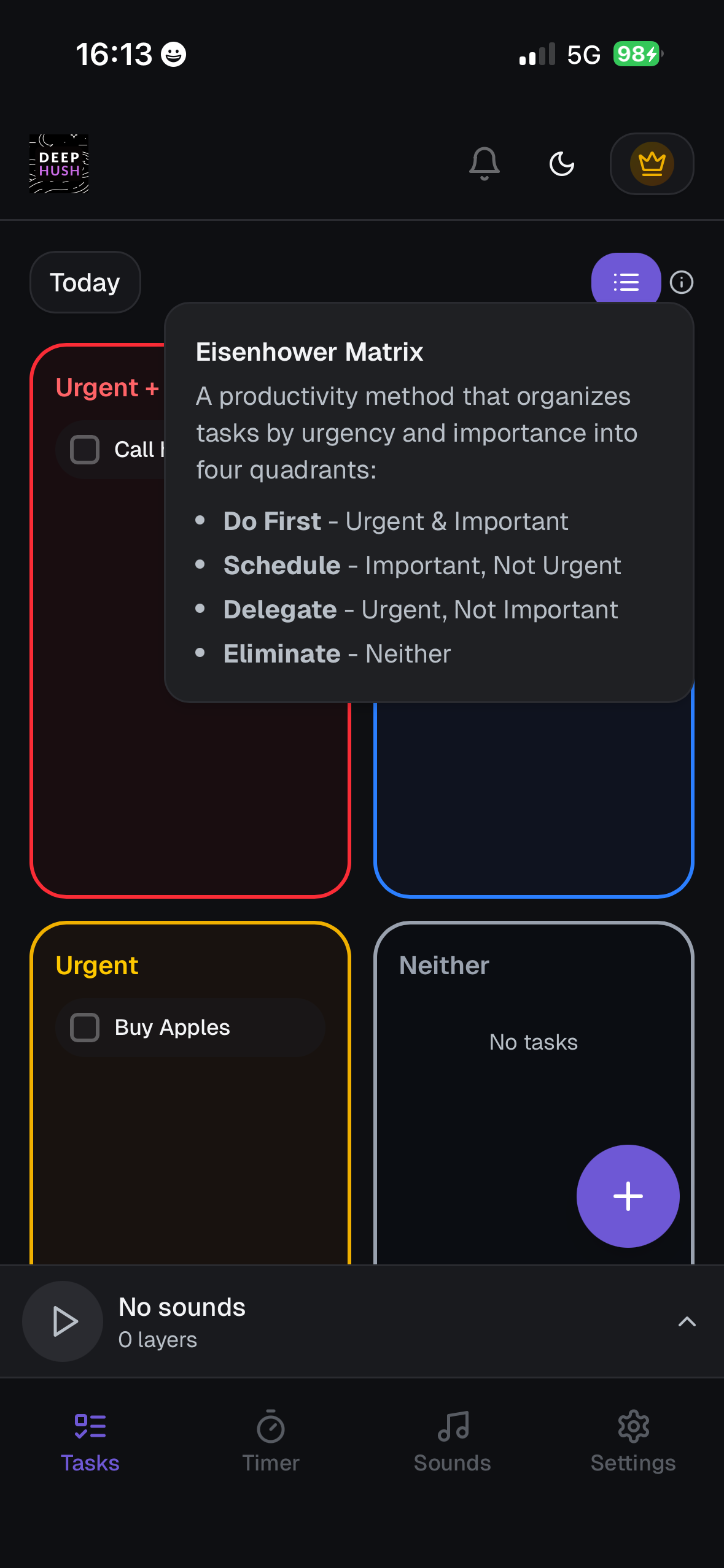 DeepHush Eisenhower Matrix view with tasks sorted into four priority quadrants and tooltip explanation