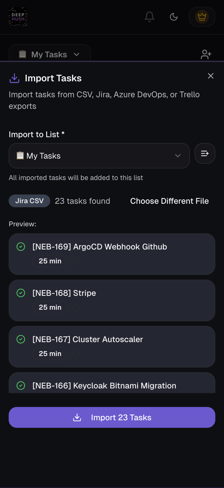 DeepHush import dialog showing 23 Jira CSV tasks being imported with preview
