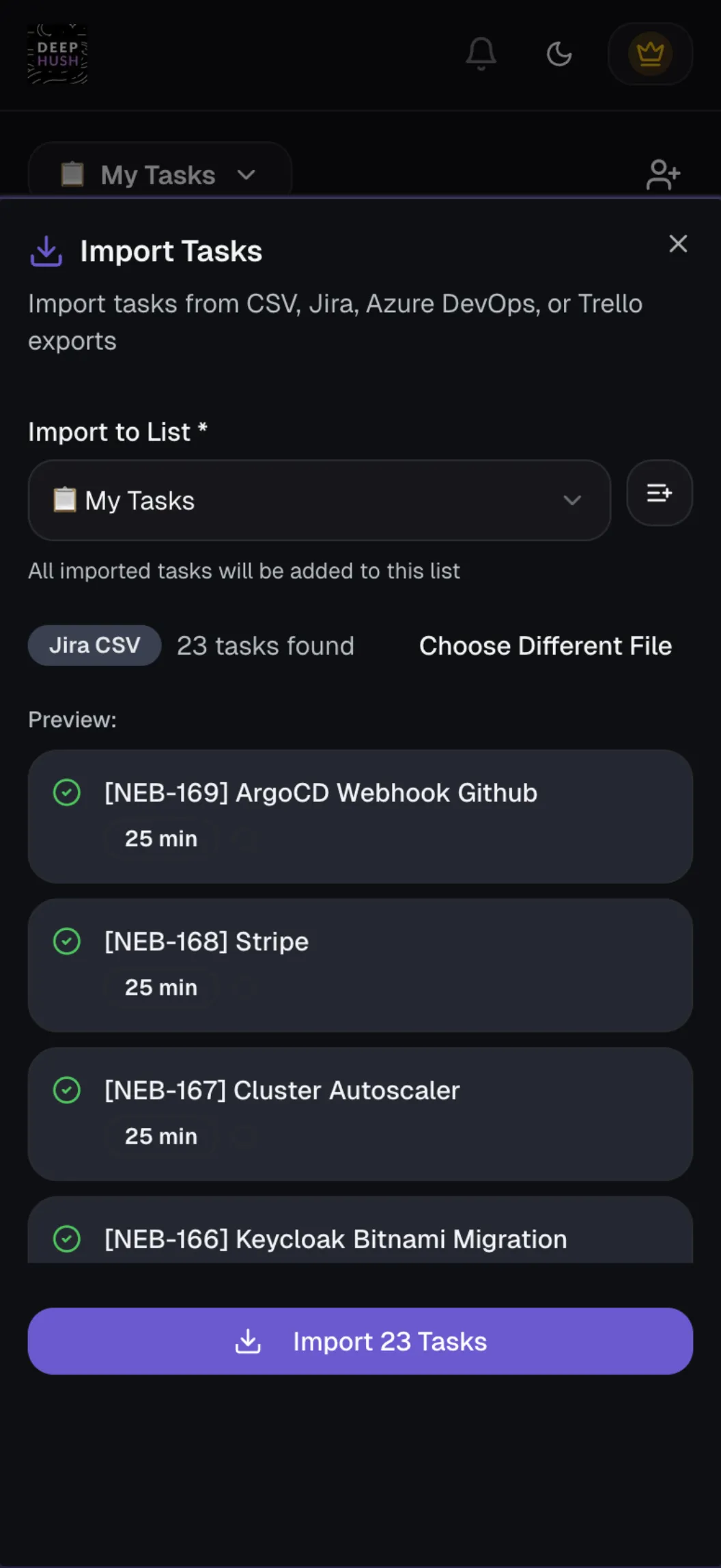 DeepHush import dialog showing 23 Jira CSV tasks being imported with preview