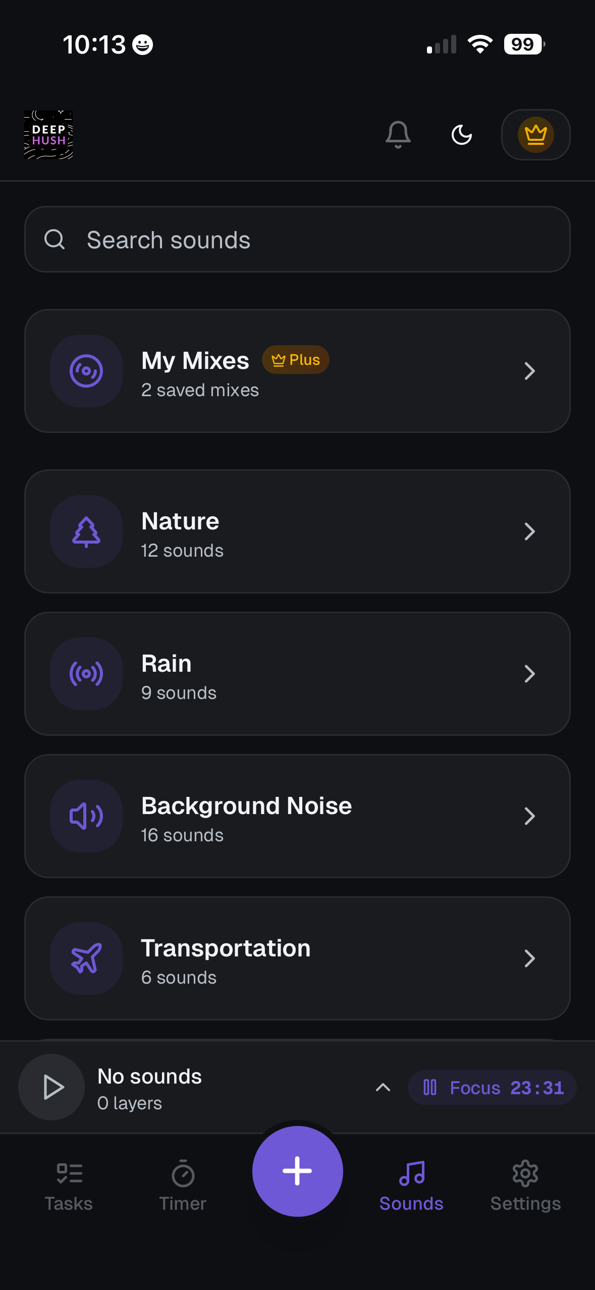 DeepHush sound mixer showing categories like Nature, Rain, Background Noise with search and saved mixes