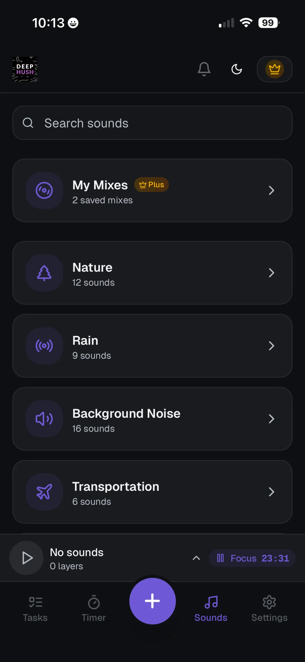 DeepHush sound mixer showing categories like Nature, Rain, Background Noise with search and saved mixes