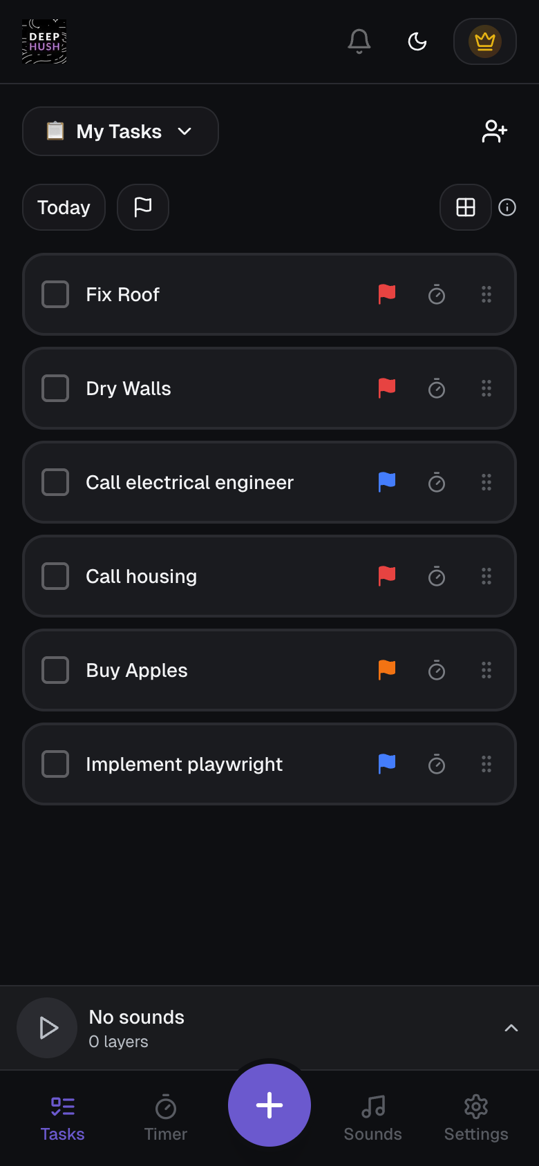 DeepHush task list with tasks, priority flags, and collaboration features