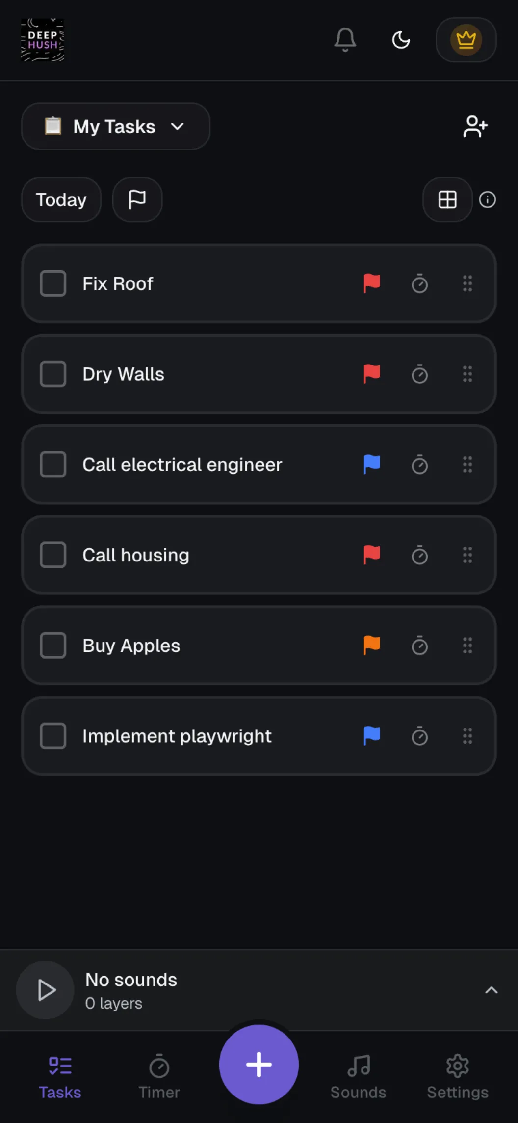 DeepHush task list with tasks, priority flags, and collaboration features