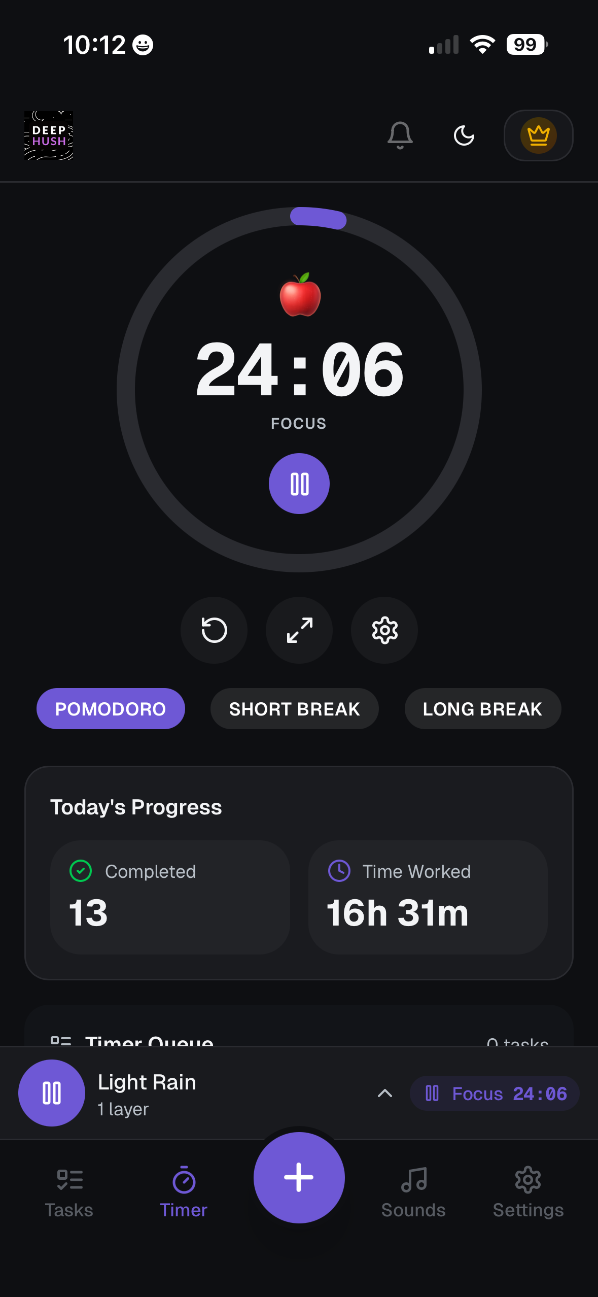 DeepHush pomodoro timer at 24:06 with focus mode, today's progress showing 13 completed and 16h 31m worked