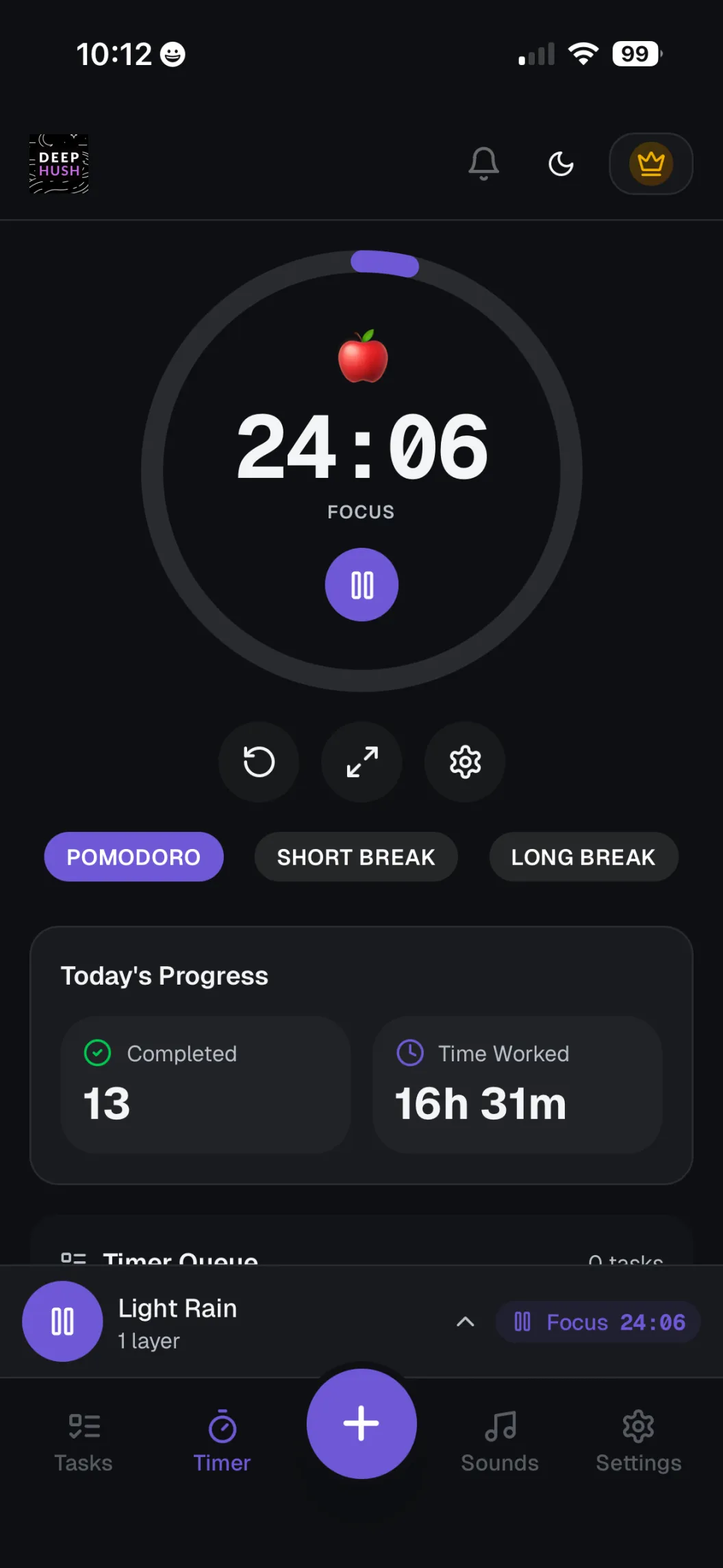 DeepHush pomodoro timer at 24:06 with focus mode, today's progress showing 13 completed and 16h 31m worked