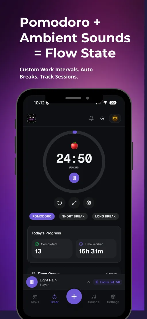 DeepHush pomodoro timer with focus session active