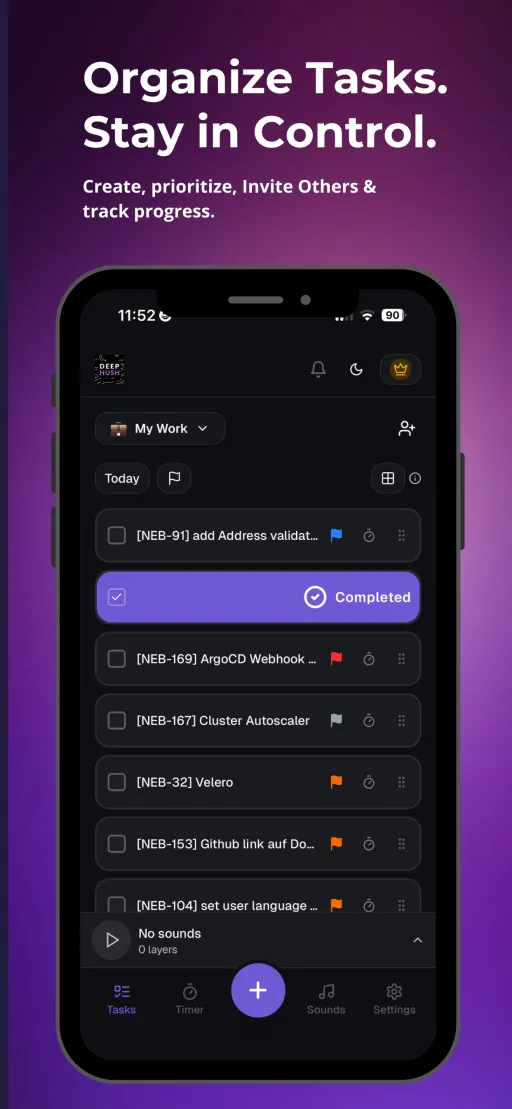 DeepHush task list with Jira imports